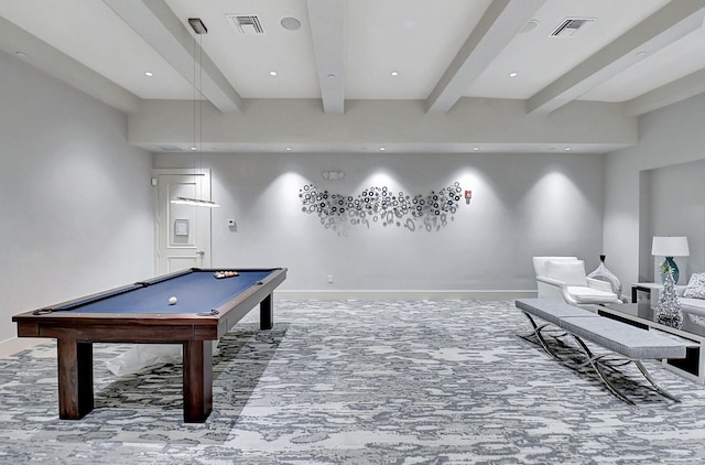 6908 Adriano Dr, Boynton Beach, FL 33437 - recreation room with beamed ceiling, carpet, billiards, baseboards, and recessed lighting