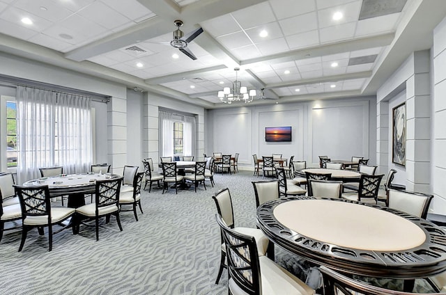 6908 Adriano Dr, Boynton Beach, FL 33437 - dining area featuring carpet, a decorative wall, coffered ceiling, a chandelier, and recessed lighting