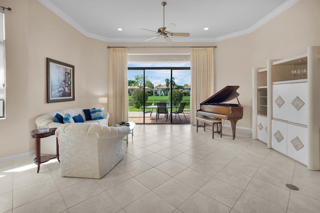 6908 Adriano Dr, Boynton Beach, FL 33437 - living room featuring crown molding, baseboards, light tile patterned flooring, a ceiling fan, and recessed lighting