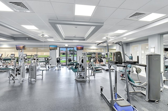 6908 Adriano Dr, Boynton Beach, FL 33437 - exercise room with a ceiling fan, a raised ceiling, and ornamental molding