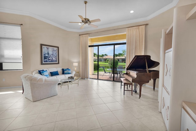 6908 Adriano Dr, Boynton Beach, FL 33437 - living area with crown molding, a ceiling fan, light tile patterned floors, baseboards, and recessed lighting