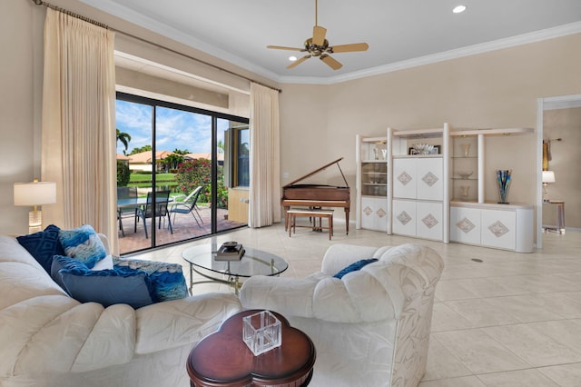 6908 Adriano Dr, Boynton Beach, FL 33437 - living area with tile patterned flooring, a ceiling fan, ornamental molding, recessed lighting, and baseboards