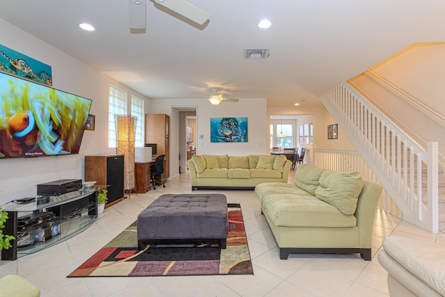 433 Amador Ln Unit 1, West Palm Beach, FL 33401 - tiled living area with ceiling fan, stairs, and recessed lighting