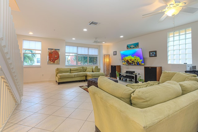 433 Amador Ln Unit 1, West Palm Beach, FL 33401 - living room featuring light tile patterned floors, baseboards, stairs, recessed lighting, and a ceiling fan