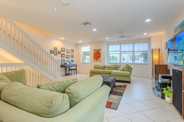 433 Amador Ln Unit 1, West Palm Beach, FL 33401 - living room featuring a ceiling fan, light tile patterned flooring, baseboards, recessed lighting, and stairway