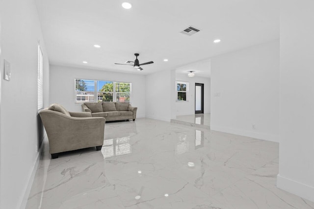 2949 NE 12th Ter, Pompano Beach, FL 33064 - living room with baseboards, light marble finish floors, recessed lighting, and a ceiling fan