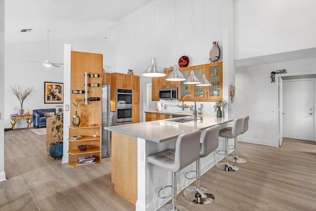 9391 Aqua Vista Blvd, Boynton Beach, FL 33437 - kitchen featuring appliances with stainless steel finishes, high vaulted ceiling, a sink, light wood-style flooring, and a peninsula