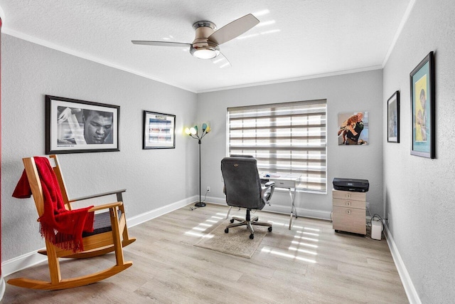 9391 Aqua Vista Blvd, Boynton Beach, FL 33437 - office featuring ornamental molding, a textured wall, wood finished floors, ceiling fan, and baseboards
