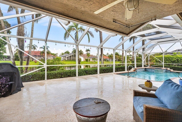 9391 Aqua Vista Blvd, Boynton Beach, FL 33437 - outdoor pool featuring ceiling fan, a patio, a lanai, and a water view