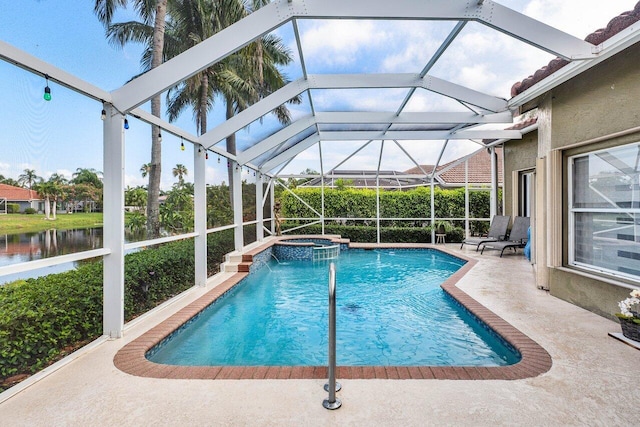 9391 Aqua Vista Blvd, Boynton Beach, FL 33437 - outdoor pool with an in-ground hot tub, a patio, glass enclosure, and a water view