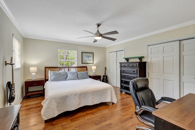 16095 121st Ter N, Jupiter, FL 33478 - bedroom with two closets, ornamental molding, light wood-style flooring, a textured ceiling, and a desk
