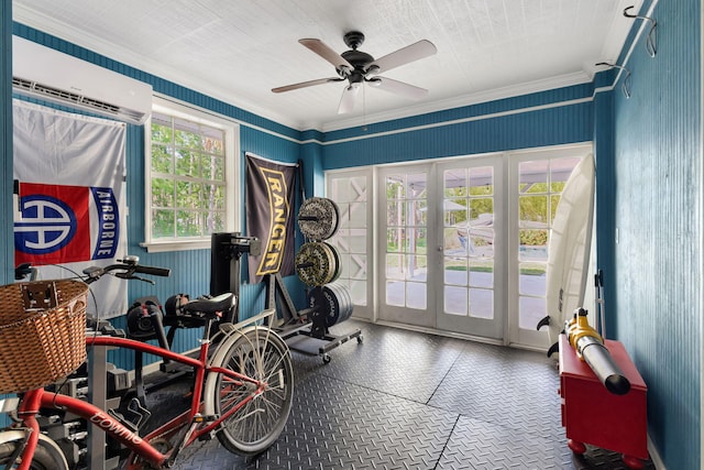 16095 121st Ter N, Jupiter, FL 33478 - exercise room with a wall mounted AC, ornamental molding, a ceiling fan, and french doors