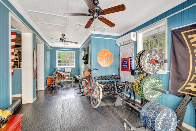16095 121st Ter N, Jupiter, FL 33478 - playroom with a wall mounted air conditioner, ornamental molding, ceiling fan, hardwood / wood-style flooring, and baseboards