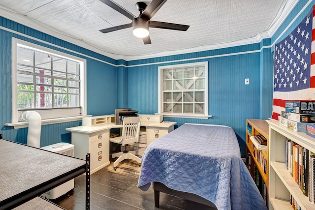 16095 121st Ter N, Jupiter, FL 33478 - bedroom with crown molding, hardwood / wood-style flooring, an office area, and ceiling fan