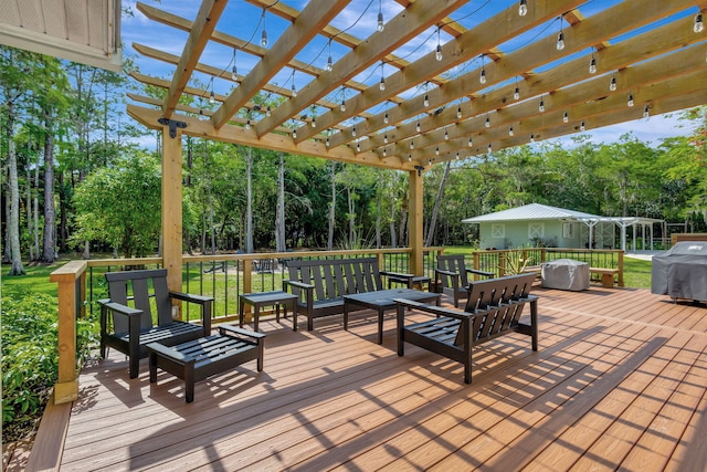 16095 121st Ter N, Jupiter, FL 33478 - wooden terrace with a pergola, view of wooded area, an outdoor hangout area, and area for grilling