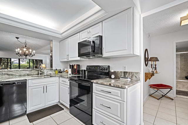 5153 Oak Hill Ln Unit 512, Delray Beach, FL 33484 - kitchen with black appliances, light tile patterned floors, a chandelier, light stone countertops, and a textured ceiling