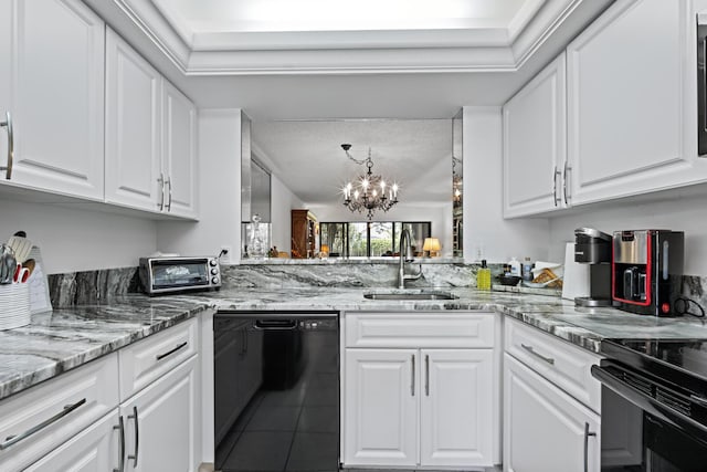 5153 Oak Hill Ln Unit 512, Delray Beach, FL 33484 - kitchen featuring black dishwasher, a chandelier, white cabinets, tile patterned flooring, and light stone counters