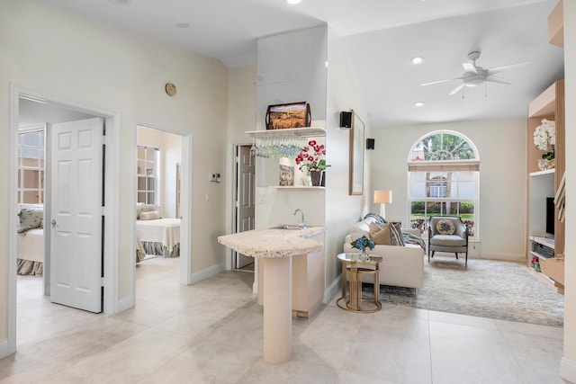 23193 Via Stel, Boca Raton, FL 33433 - living area featuring ceiling fan, light tile patterned flooring, baseboards, and recessed lighting