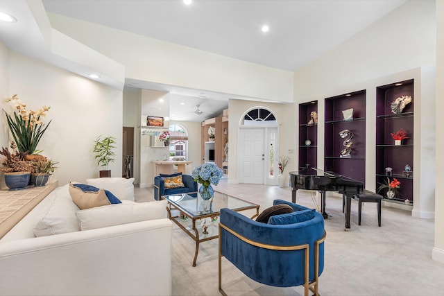 23193 Via Stel, Boca Raton, FL 33433 - living room with recessed lighting, built in features, baseboards, and a high ceiling