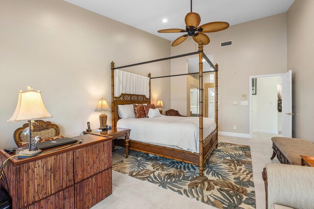 23193 Via Stel, Boca Raton, FL 33433 - bedroom featuring high vaulted ceiling, light tile patterned floors, baseboards, and a desk