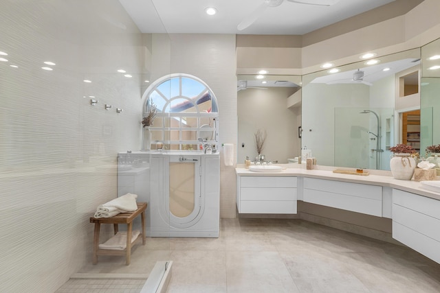 23193 Via Stel, Boca Raton, FL 33433 - full bath with a ceiling fan, vanity, a walk in shower, recessed lighting, and tile patterned flooring