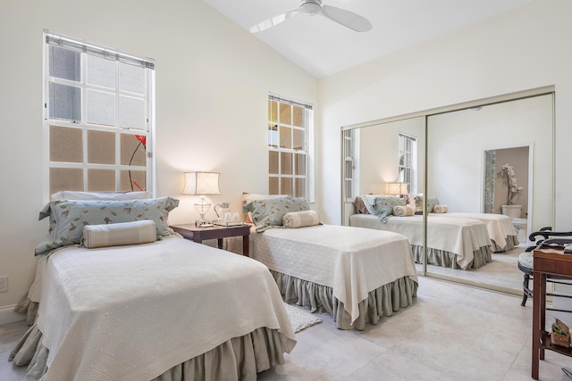 23193 Via Stel, Boca Raton, FL 33433 - bedroom with high vaulted ceiling, ceiling fan, and a closet