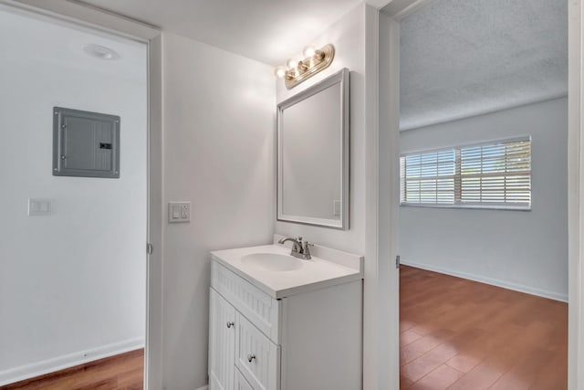2936 Lake Shore Dr Unit 108, Riviera Beach, FL 33404 - bathroom with electric panel, vanity, wood finished floors, and a textured ceiling