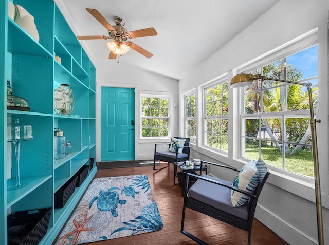 505 Palmetto St, West Palm Beach, FL 33405 - sitting room with wood finished floors, vaulted ceiling, and a ceiling fan