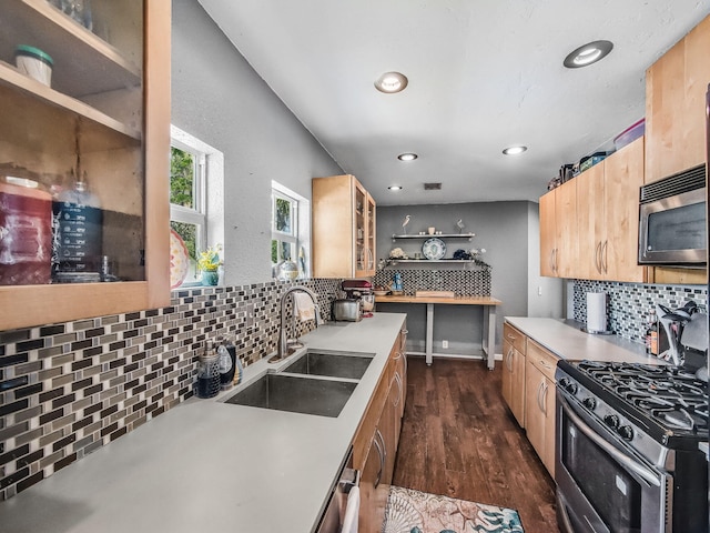 505 Palmetto St, West Palm Beach, FL 33405 - kitchen featuring appliances with stainless steel finishes, a sink, light brown cabinetry, open shelves, and recessed lighting