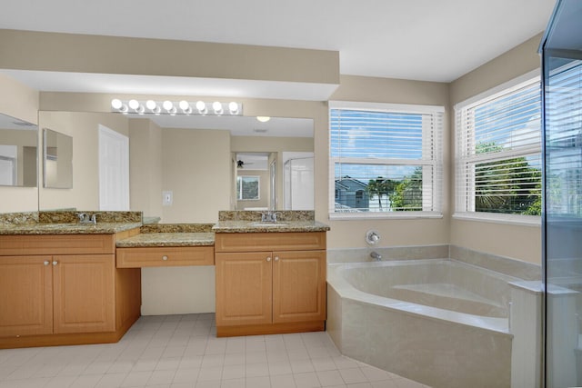 3559 Hudson Ln, Boynton Beach, FL 33436 - full bath with a bath, vanity, tile patterned floors, a ceiling fan, and a stall shower