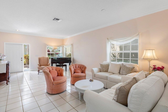 6321 Lansdowne Cir, Boynton Beach, FL 33472 - living room featuring crown molding, light tile patterned floors, and a textured ceiling