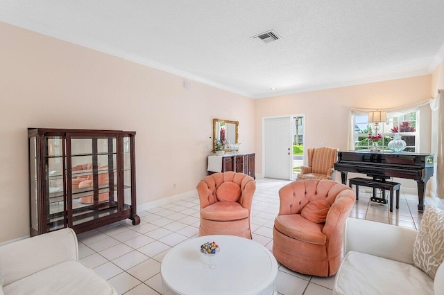 6321 Lansdowne Cir, Boynton Beach, FL 33472 - living room featuring crown molding, light tile patterned floors, a textured ceiling, and baseboards