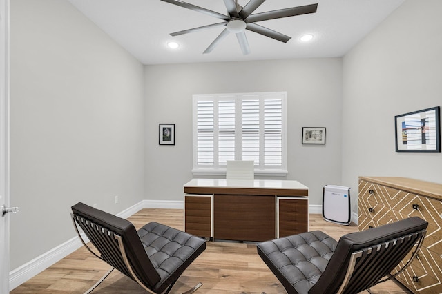 9350 Eden Roc Ct, Delray Beach, FL 33446 - office featuring a ceiling fan, baseboards, light wood-type flooring, and recessed lighting