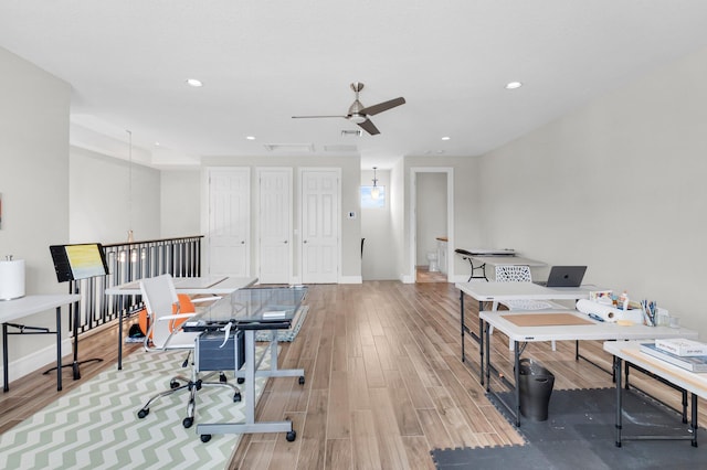 9350 Eden Roc Ct, Delray Beach, FL 33446 - home office featuring wood finished floors, ceiling fan, recessed lighting, baseboards, and attic access
