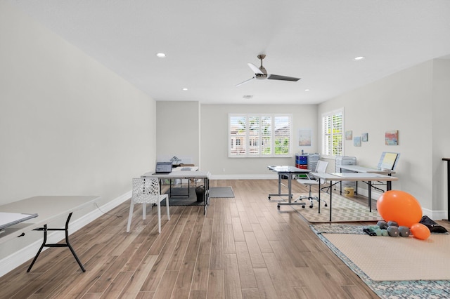 9350 Eden Roc Ct, Delray Beach, FL 33446 - game room featuring wood finished floors, a desk, ceiling fan, baseboards, and recessed lighting