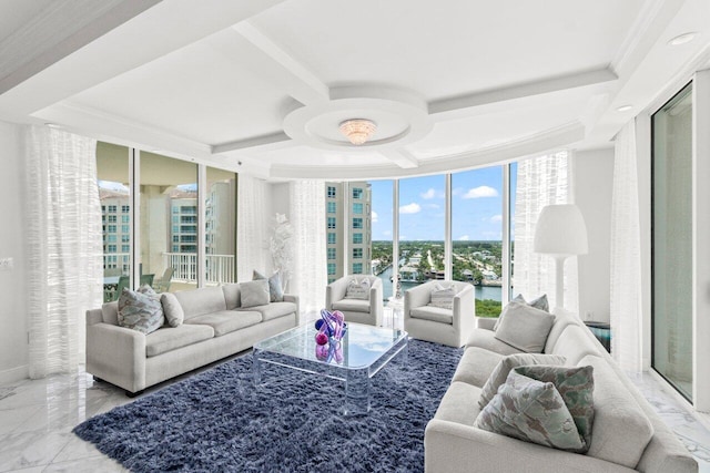 3700 S Ocean Blvd Unit 1210, Highland Beach, FL 33487 - living area with coffered ceiling, a ceiling fan, marble finish flooring, expansive windows, and ornamental molding