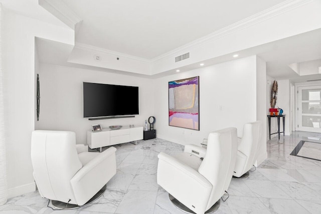 3700 S Ocean Blvd Unit 1210, Highland Beach, FL 33487 - living room featuring ornamental molding, light marble finish flooring, baseboards, recessed lighting, and a raised ceiling