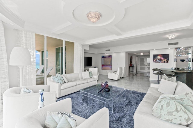 3700 S Ocean Blvd Unit 1210, Highland Beach, FL 33487 - living room with ornamental molding, marble tiled floors, and coffered ceiling