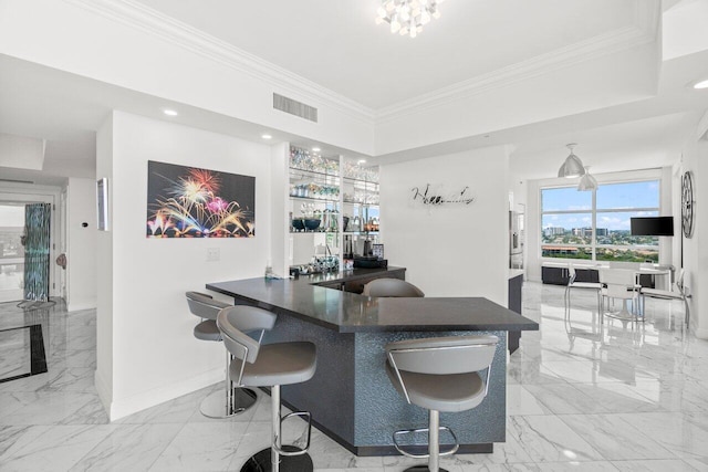 3700 S Ocean Blvd Unit 1210, Highland Beach, FL 33487 - bar with light marble finish flooring, baseboards, crown molding, and recessed lighting
