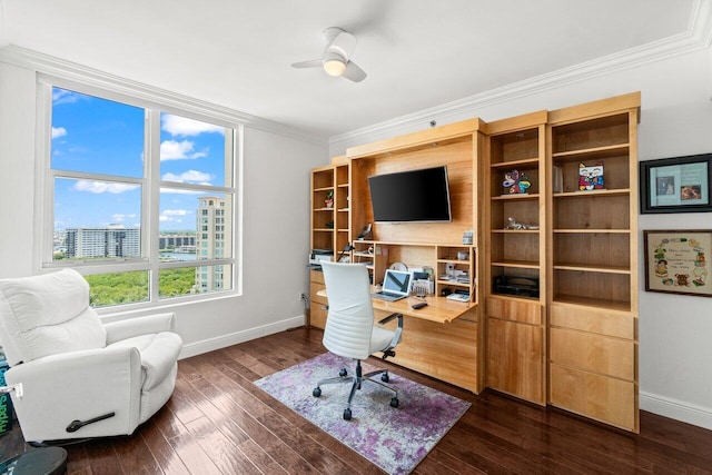 3700 S Ocean Blvd Unit 1210, Highland Beach, FL 33487 - office featuring baseboards, crown molding, a ceiling fan, and dark wood-style flooring