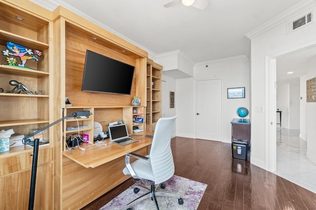 3700 S Ocean Blvd Unit 1210, Highland Beach, FL 33487 - home office featuring baseboards, built in features, dark wood finished floors, crown molding, and ceiling fan
