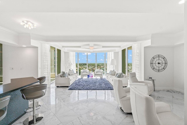 3700 S Ocean Blvd Unit 1210, Highland Beach, FL 33487 - living room featuring light marble finish floors and ornamental molding