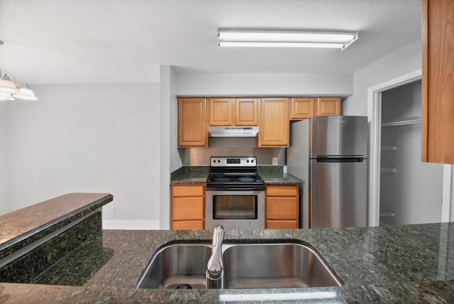 815 W Boynton Beach Blvd Unit 16-103, Boynton Beach, FL 33426 - kitchen with appliances with stainless steel finishes, under cabinet range hood, dark stone countertops, a sink, and baseboards