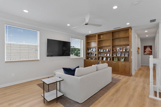 6636 Dana Point Cv, Delray Beach, FL 33446 - living area with light wood-type flooring, a ceiling fan, recessed lighting, baseboards, and crown molding