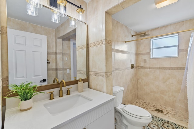 2137 Longwood Rd, West Palm Beach, FL 33409 - bathroom featuring tile walls, toilet, a tile shower, and vanity