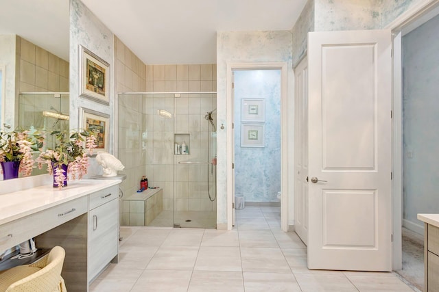 11051 SW Ivory Springs Ln, Port Saint Lucie, FL 34987 - full bath featuring vanity, a stall shower, tile patterned floors, toilet, and baseboards