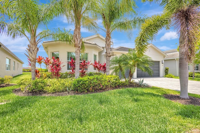 11051 SW Ivory Springs Ln, Port Saint Lucie, FL 34987 - view of front of home featuring decorative driveway, an attached garage, a front yard, and stucco siding