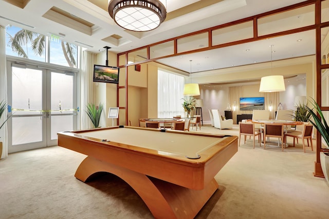 1 N Ocean Blvd Unit Ph05, Pompano Beach, FL 33062 - rec room with light carpet, coffered ceiling, french doors, pool table, and plenty of natural light