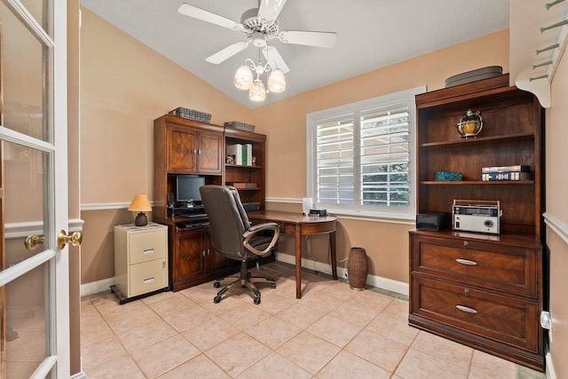 16673 75th Way N, Palm Beach Gardens, FL 33418 - office with ceiling fan, light tile patterned floors, lofted ceiling, and baseboards