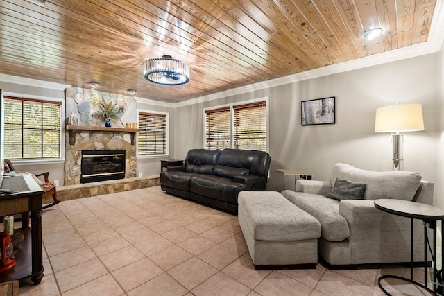 16673 75th Way N, Palm Beach Gardens, FL 33418 - living area featuring wooden ceiling, light tile patterned flooring, a fireplace, crown molding, and healthy amount of natural light